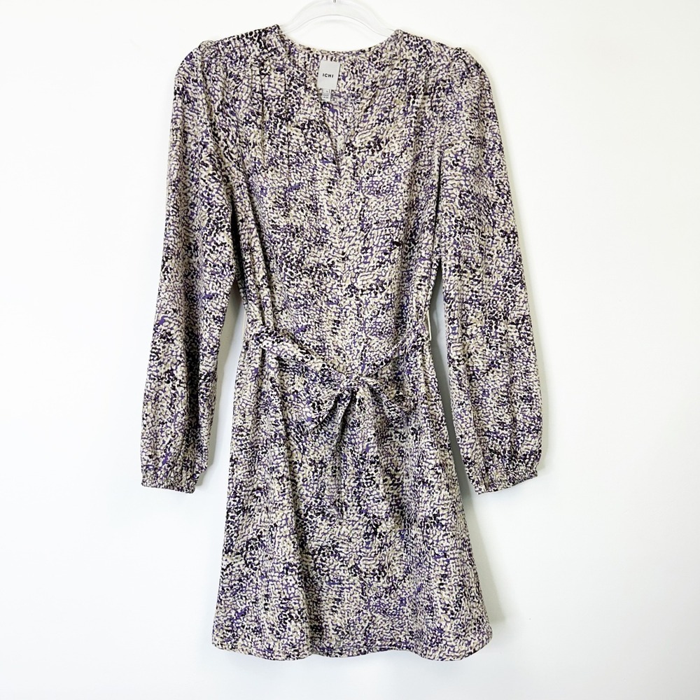 ICHI Ihacoto Long Sleeve Dress Women's 36 8 US Purple Print Tie Waist - Picture 2 of 11